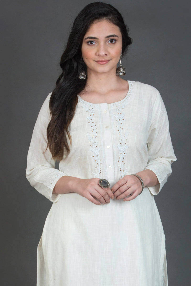 Buy Off White Khadi Cotton Kurti With Embroidered Scarf Online - LSTV04320  | Andaaz Fashion